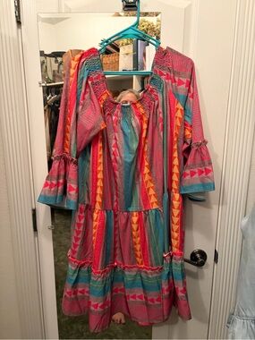 Colorful Boho Tiered Dress — Pink, Teal & Orange worn on or off the shoulder.
